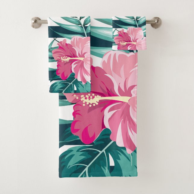 Striped Exotic Flowers summer design Bath Towel Set (Insitu)