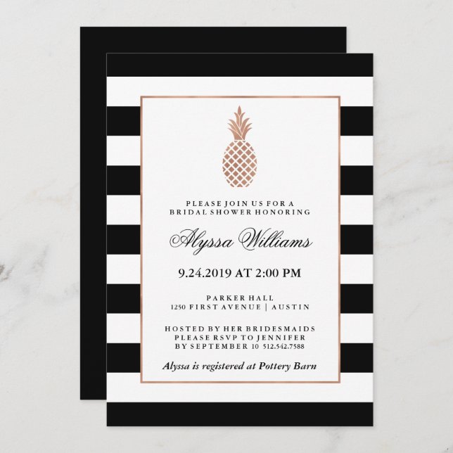 Striped Faux Rose Gold Pineapple Bridal Shower Invitation (Front/Back)
