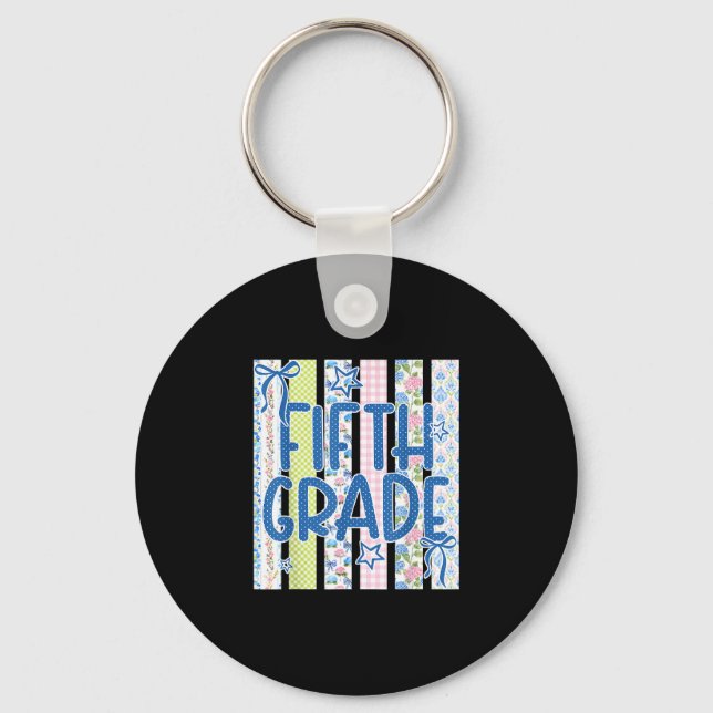 Striped fifth grade coquette bow back to school key ring (Front)