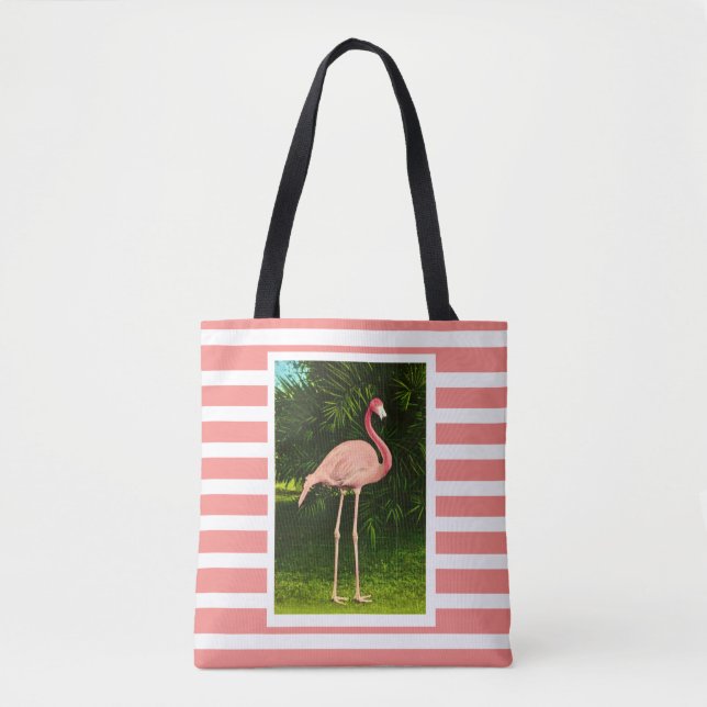 Striped Flamingo Shoulder Tote Bag (Front)