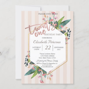 Striped Floral Frame 21st Birthday Party  Invitation