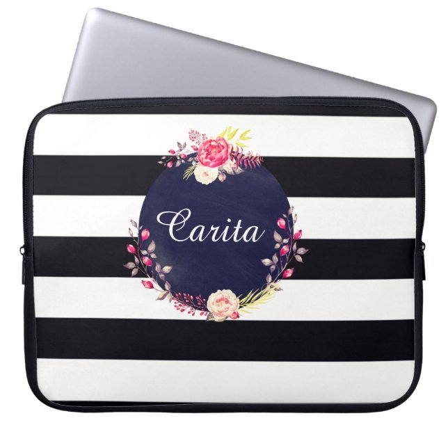 Striped Floral Monogram Neoprene Laptop Sleeve (Front)