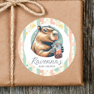 Striped Funny Capybara Custom Name Baby Shower Classic Round Sticker