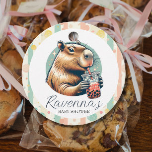 Striped Funny Capybara Custom Name Baby Shower Favour Tags