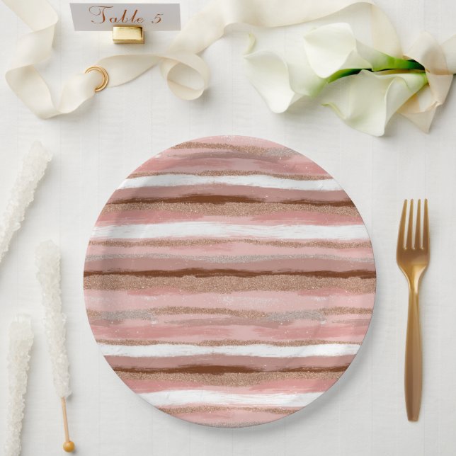Striped Gold Glitter Pink Paper Plates (Wedding)