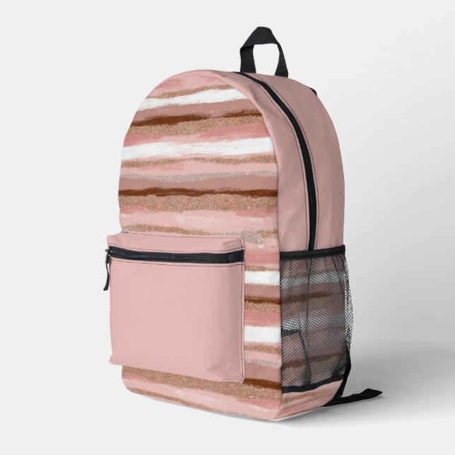 Striped Gold Glitter Pink Printed Backpack (Back Corner Right)