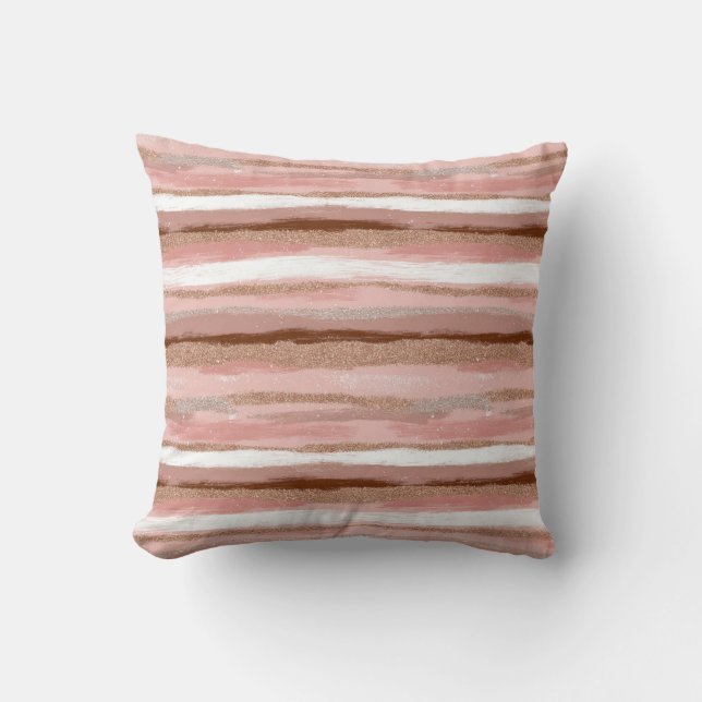 Striped Gold Glitter Pink Throw Pillow (Front)