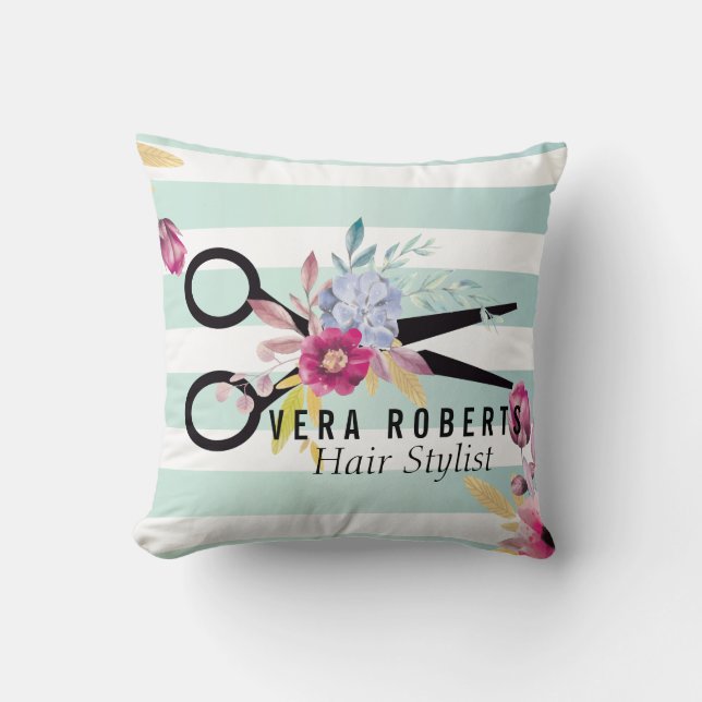 Striped Gold Scissor & Beauty Salon floral Cushion (Front)