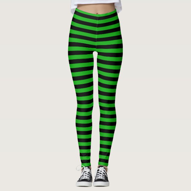 Striped Green and Black Halloween Wicked Witch Leggings (Front)