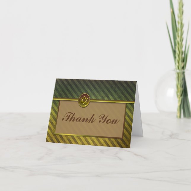 Striped Green and Brown Bar Mitzvah Thank You Card (Front)