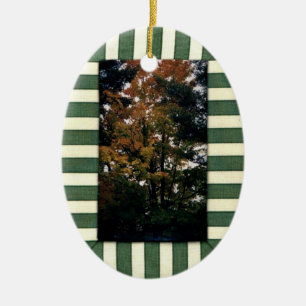 Striped Green Cream Border Fall Leaves  Ornament