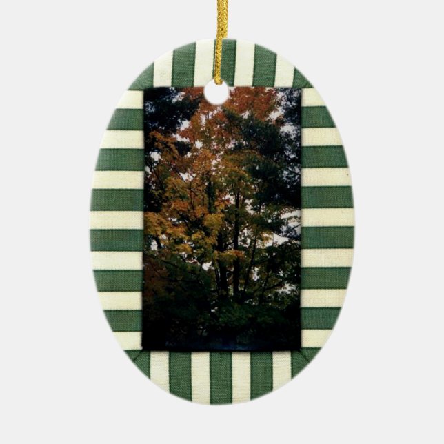 Striped Green Cream Border Fall Leaves  Ornament (Front)