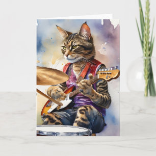 Striped Grey Tabby Cat Rock Star Playing Guitar  Card