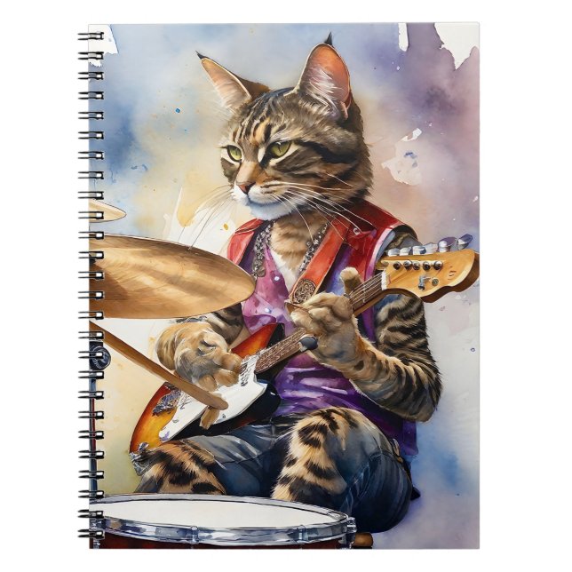 Striped Grey Tabby Cat Rock Star Playing Guitar  Notebook (Front)