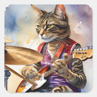 Striped Grey Tabby Cat Rock Star Playing Guitar Square Sticker