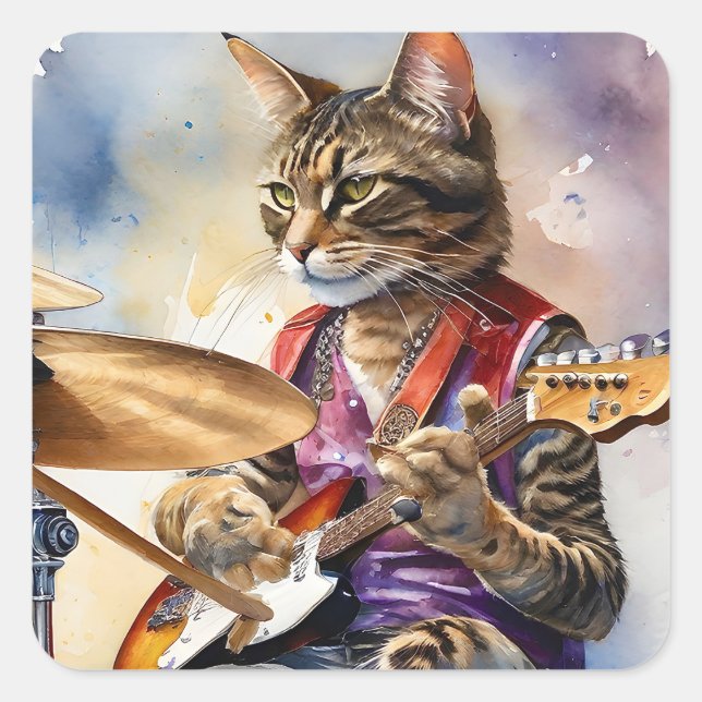 Striped Grey Tabby Cat Rock Star Playing Guitar  Square Sticker (Front)