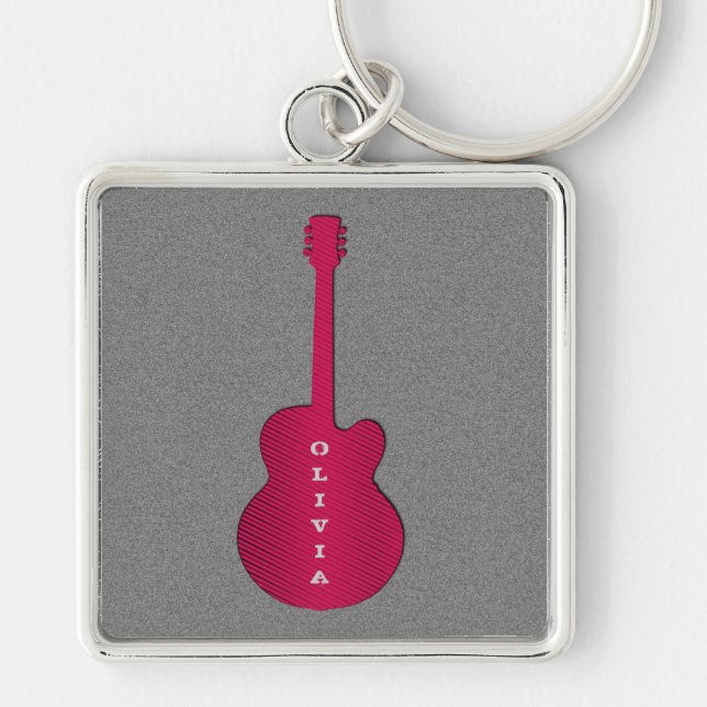 Striped Guitar Keychain, Hot Pink Key Ring (Front)