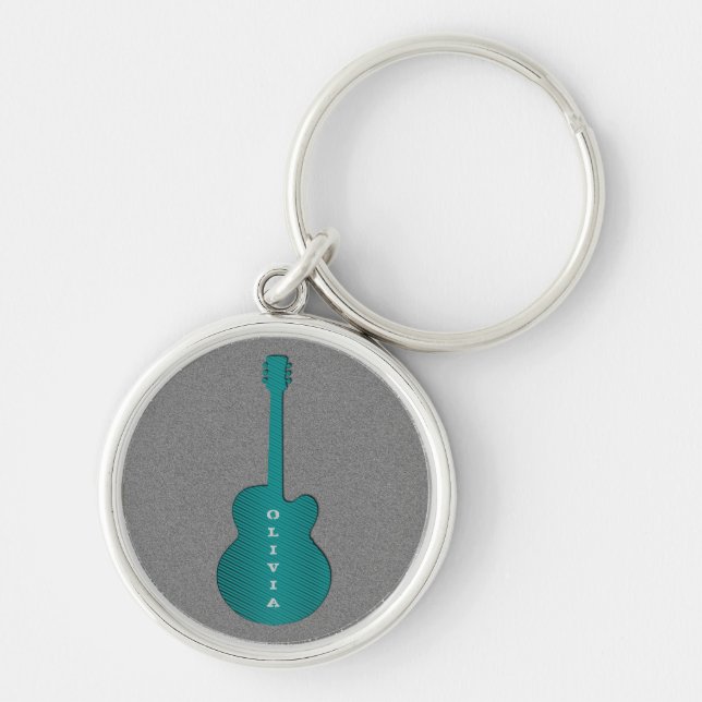 Striped Guitar Keychain, Turquoise Key Ring (Front)