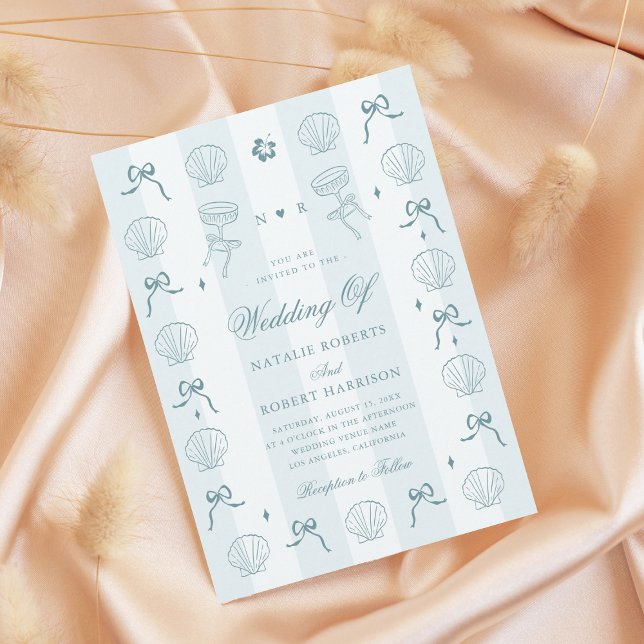 Striped Hand Drawn Coastal Blue Bow Shell Wedding Invitation (Creator Uploaded)