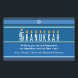 Striped Hanukkah Candles Rectangular Sticker<br><div class="desc">A menorah is rendered using typography on this striped Hanukkah sticker. The word "Happy" is on its side serving as the Shamash, while the other letters spelling out "Hanukkah" serve as the eight Hanukkah candles. The blue tonal striped background is reminiscent of a tallit. Add a personal message below. Great...</div>