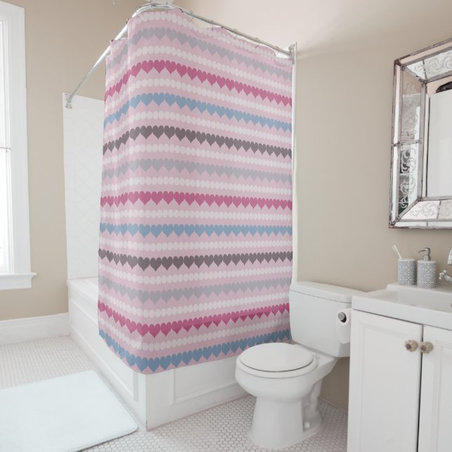 Striped Heart and Circle Pattern Shower Curtain (In Situ)
