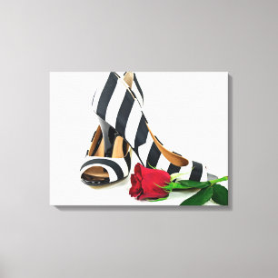 striped high heels with red rose canvas print