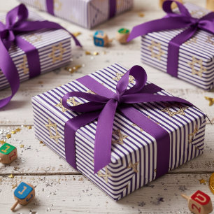 Striped Indigo Jewish Gold Star of David Wrapping Paper