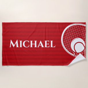 Striped Intense Red Tennis Racket & Ball Elegant Beach Towel