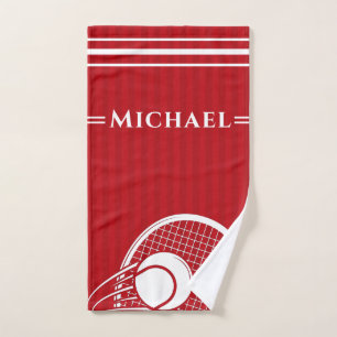 Striped Intense Red Tennis Racket & Ball Elegant Hand Towel
