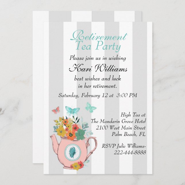 Striped Ladies Retirement Tea Party Invitation (Front/Back)