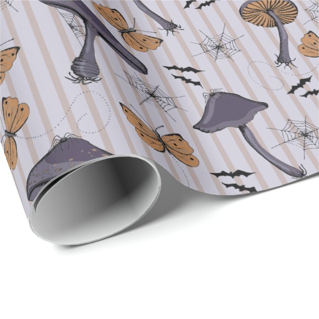 Striped Lavender Halloween Mushroom and Butterfly Wrapping Paper (Roll Corner)