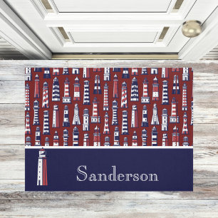 Striped Lighthouse Nautical Navy Blue Grey Red Doormat