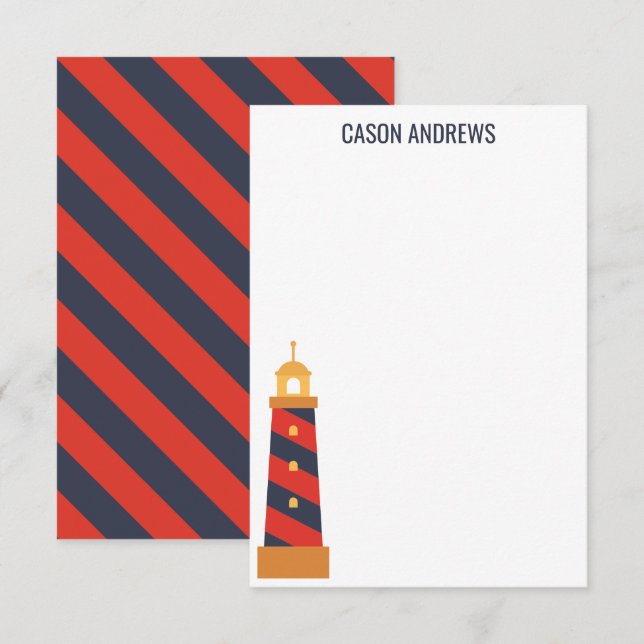 Striped Lighthouse Personalised Note Cards (Front/Back)