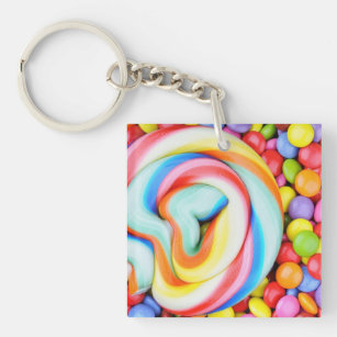 Striped Lollipop And Multicolored Smarties Key Ring
