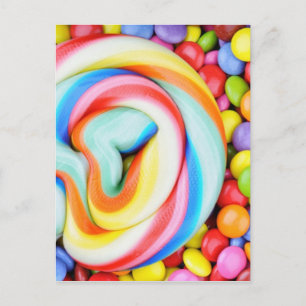 Striped Lollipop And Multicolored Smarties Postcard