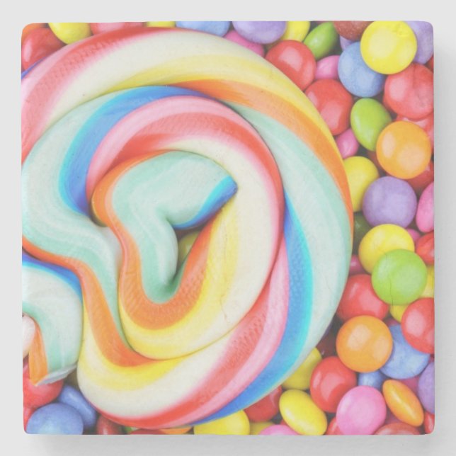 Striped Lollipop And Multicolored Smarties Stone Coaster (Front)