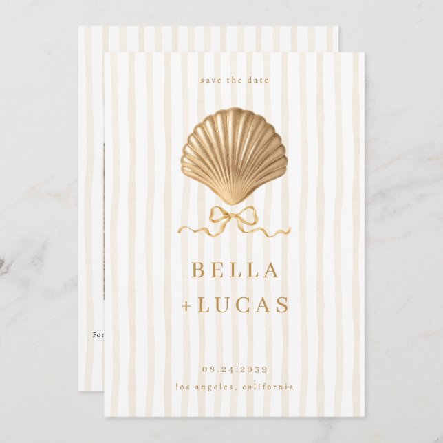 Striped Luxurious Coastal Gold Seashell Wedding Save The Date (Front/Back)