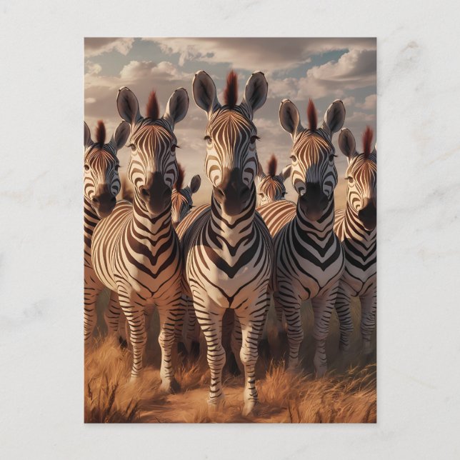 Striped Majesty: Zebra Herd in Dry Grass Postcard (Front)