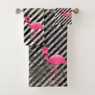 STRIPED MARBLE FLAMINGO BATHROOM TOWEL SET