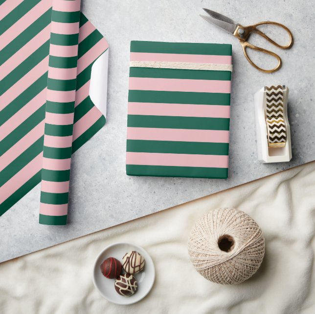 Striped Modern Christmas Holiday Green Pink  Wrapping Paper (Crafts)