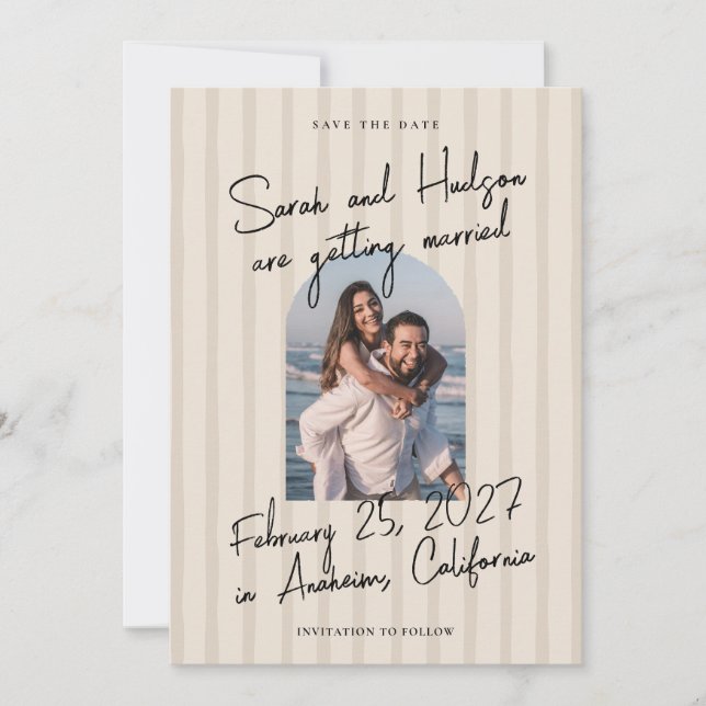 Striped Modern Handwritten Script Photo Wedding Save The Date (Front)