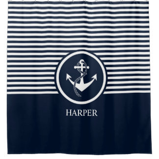 Striped, Modern, Nautical, Elegant, Monogram, Shower Curtain