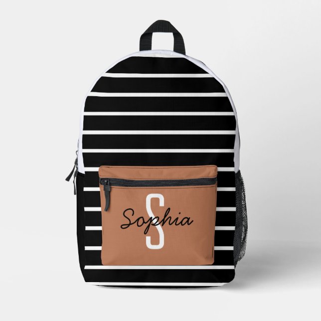 striped monogram hand script name black caramel printed backpack (Front)