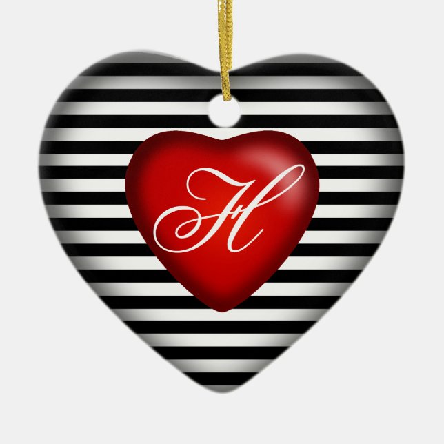Striped Monogram Heart | black white red Ceramic Ornament (Front)
