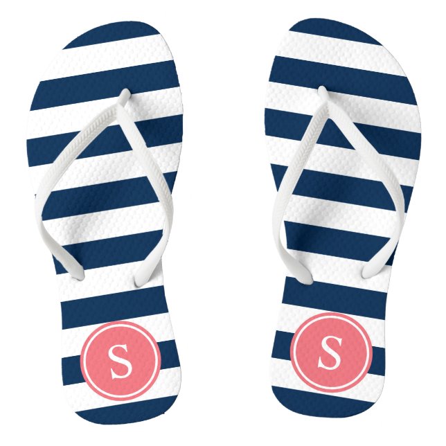 Striped Monogram in Coral & Navy Thongs (Footbed)