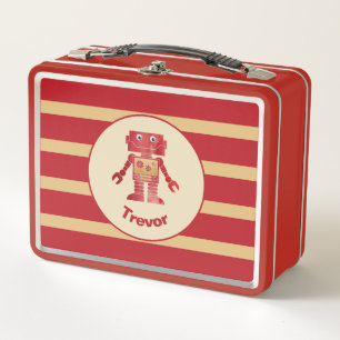 Striped Monogrammed Red Gold Robot with Name Metal Lunch Box