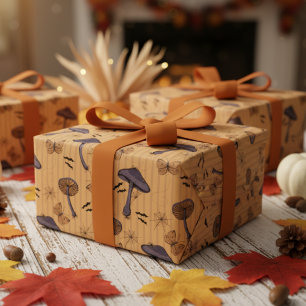 Striped Mustard Halloween Mushroom and Butterfly Wrapping Paper