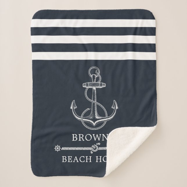 Striped Nautical Anchor Family Name Beach or Lake Sherpa Blanket (Front)
