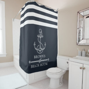 Striped Nautical Anchor Family Name Beach or Lake Shower Curtain