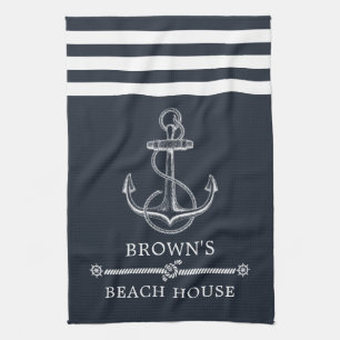 Striped Nautical Anchor Family Name Beach or Lake Tea Towel